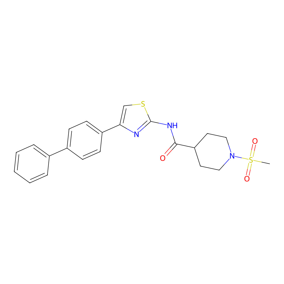 N-(4-([1,1'-biphenyl]-4-yl)thiazol-2-yl)-1-(methylsulfonyl)piperidine-4-carboxamide molecular structure, CAS 1011035-89-4