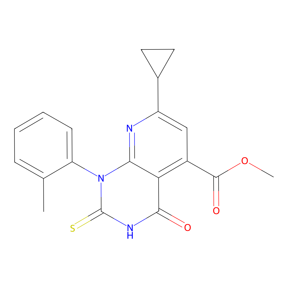 Methyl 7-cyclopropyl-1-(2-methylphenyl)-4-oxo-2-sulfanylidenepyrido[2,3-d]pyrimidine-5-carboxylate molecular structure, CAS 1011349-27-1