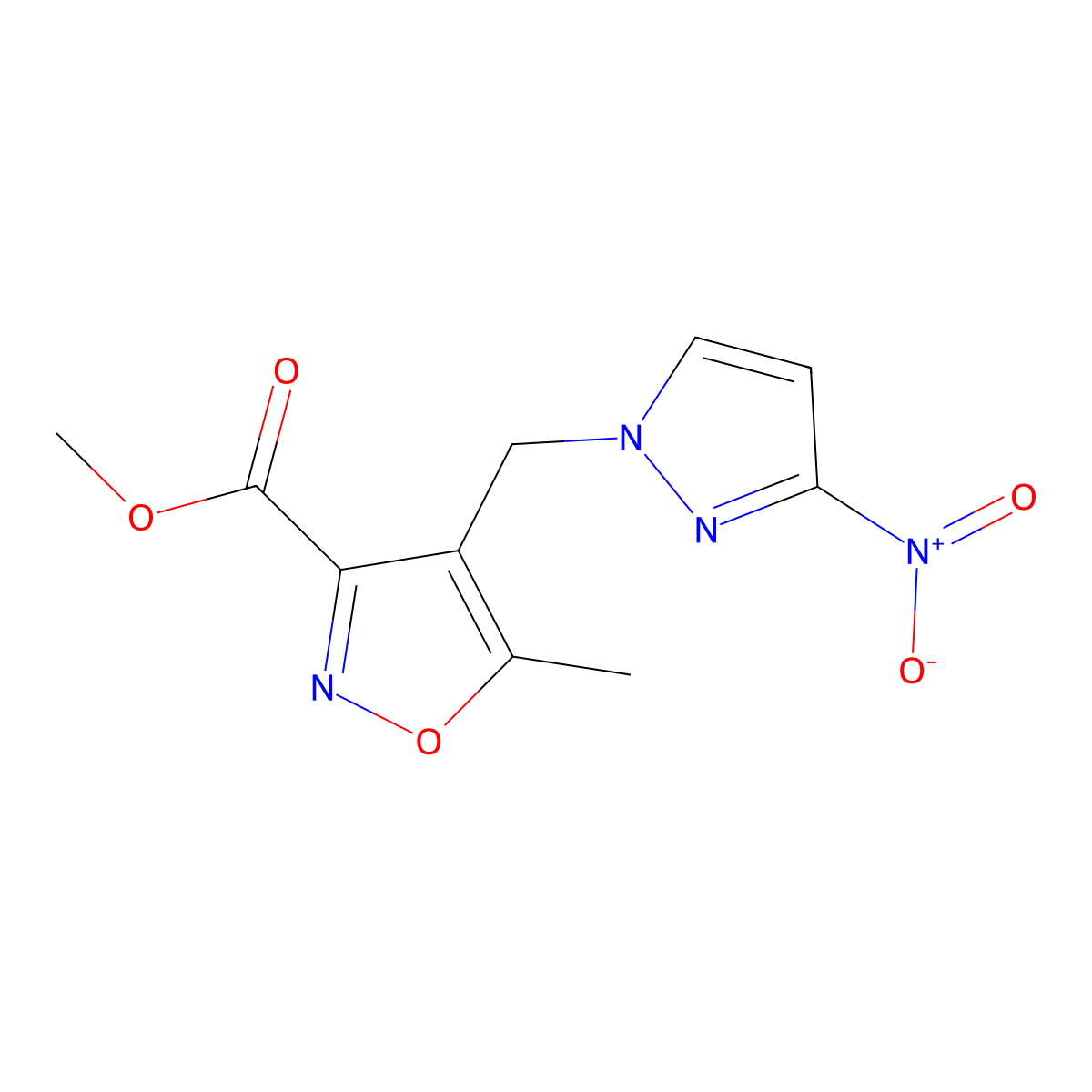 Methyl 5-methyl-4-((3-nitro-1H-pyrazol-1-yl)methyl)isoxazole-3-carboxylate molecular structure, CAS 1011350-32-5