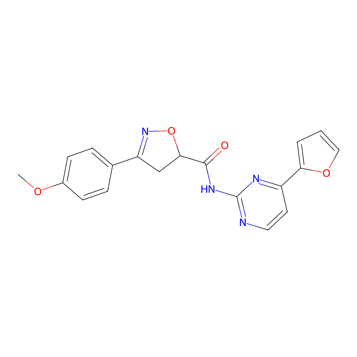 N-[4-(furan-2-yl)pyrimidin-2-yl]-3-(4-methoxyphenyl)-4,5-dihydro-1,2-oxazole-5-carboxamide molecular structure, CAS 1011350-49-4