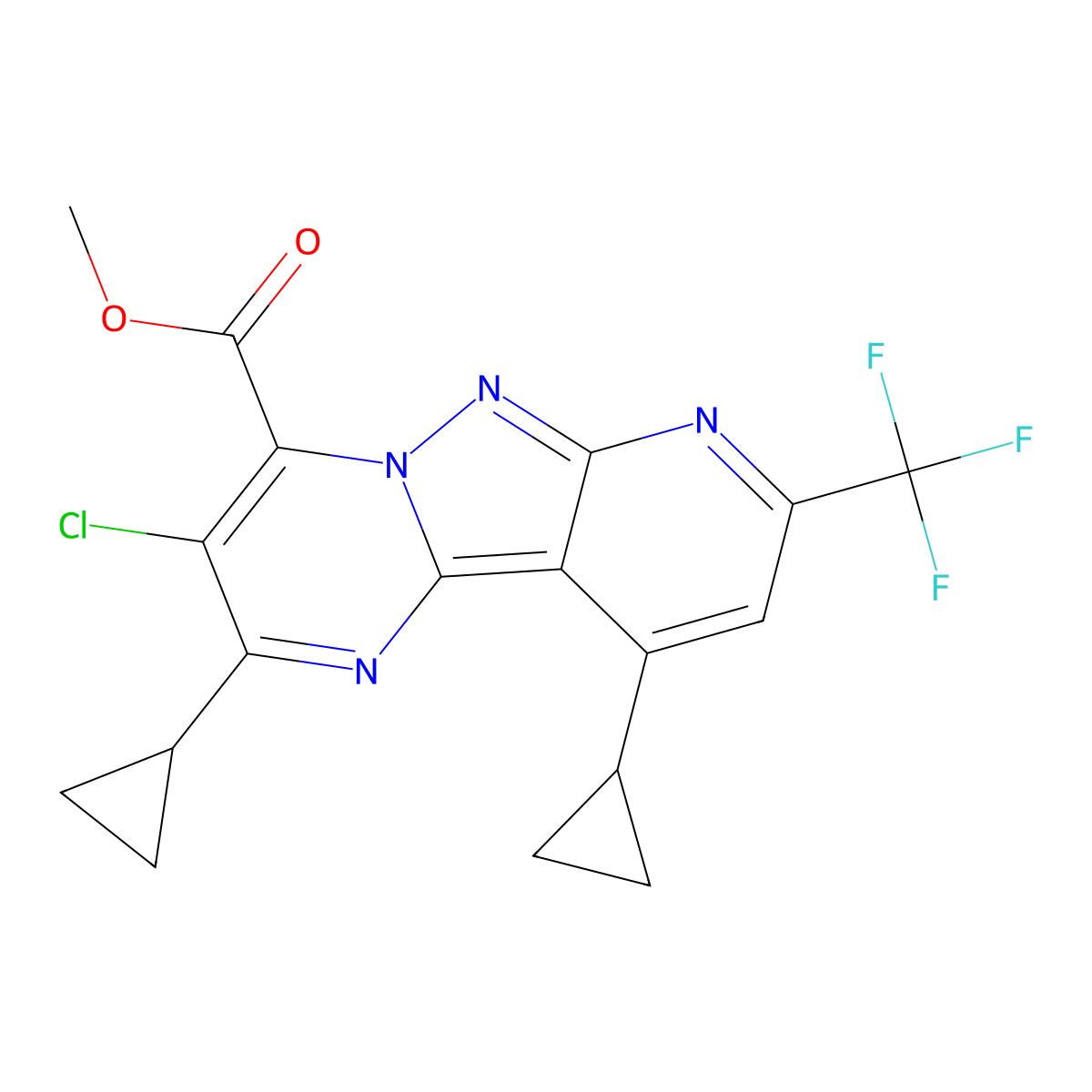 Methyl 3-chloro-2,10-dicyclopropyl-8-(trifluoromethyl)pyrido[2',3':3,4]pyrazolo[1,5-a]pyrimidine-4-carboxylate molecular structure, CAS 1011353-84-6