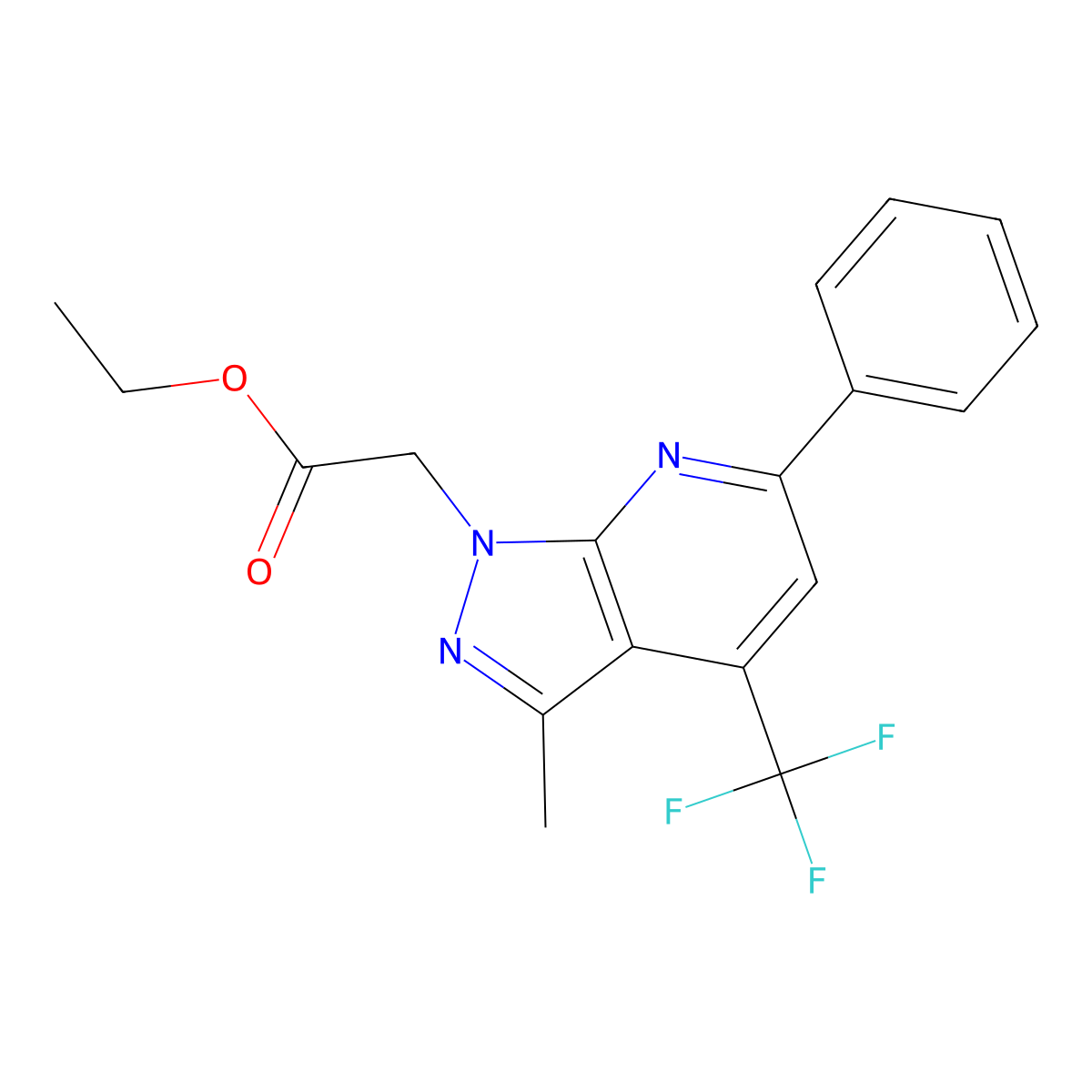 ethyl [3-methyl-6-phenyl-4-(trifluoromethyl)-1H-pyrazolo[3,4-b]pyridin-1-yl]acetate molecular structure, CAS 1011357-25-7