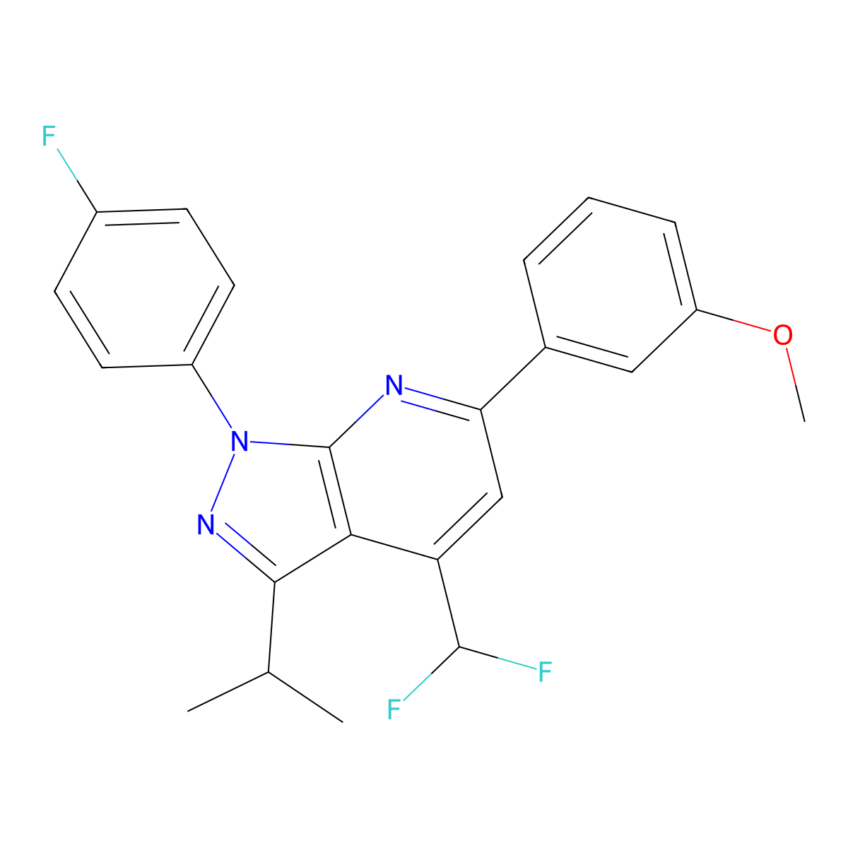 4-(Difluoromethyl)-1-(4-fluorophenyl)-6-(3-methoxyphenyl)-3-(1-methylethyl)-1H-pyrazolo(3,4-b)pyridine molecular structure, CAS 1011357-94-0