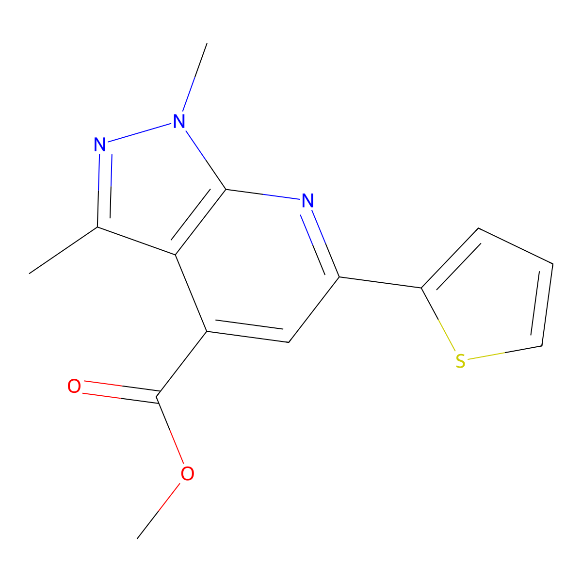 methyl 1,3-dimethyl-6-(thiophen-2-yl)-1H-pyrazolo[3,4-b]pyridine-4-carboxylate molecular structure, CAS 1011359-89-9
