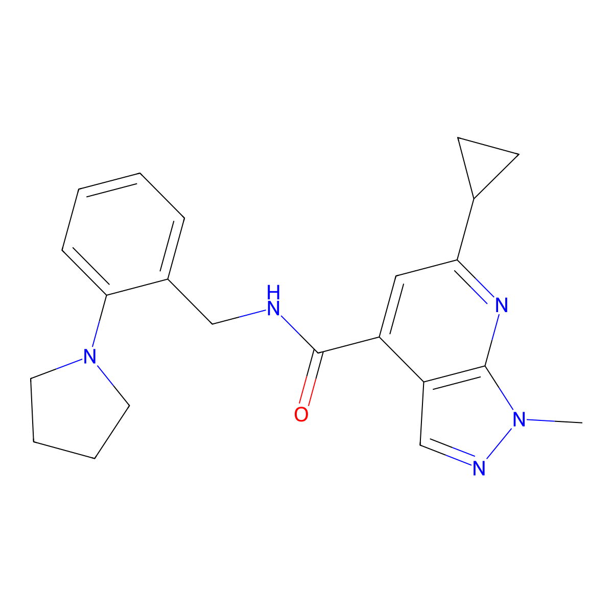6-Cyclopropyl-1-methyl-N-[[2-(1-pyrrolidinyl)phenyl]methyl]-1H-pyrazolo[3,4-b]pyridine-4-carboxamide molecular structure, CAS 1011361-34-4