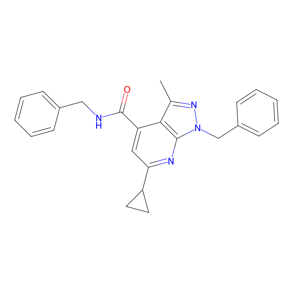 N,1-dibenzyl-6-cyclopropyl-3-methyl-1H-pyrazolo[3,4-b]pyridine-4-carboxamide molecular structure, CAS 1011369-27-9
