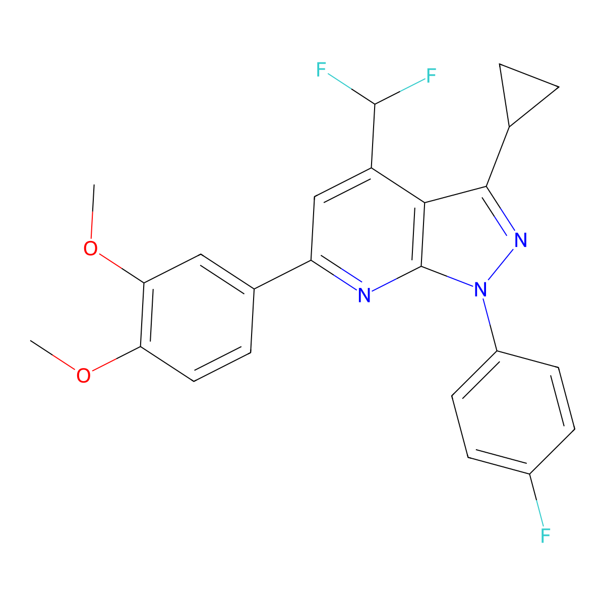 3-Cyclopropyl-4-(difluoromethyl)-6-(3,4-dimethoxyphenyl)-1-(4-fluorophenyl)-1H-pyrazolo(3,4-b)pyridine molecular structure, CAS 1011370-72-1