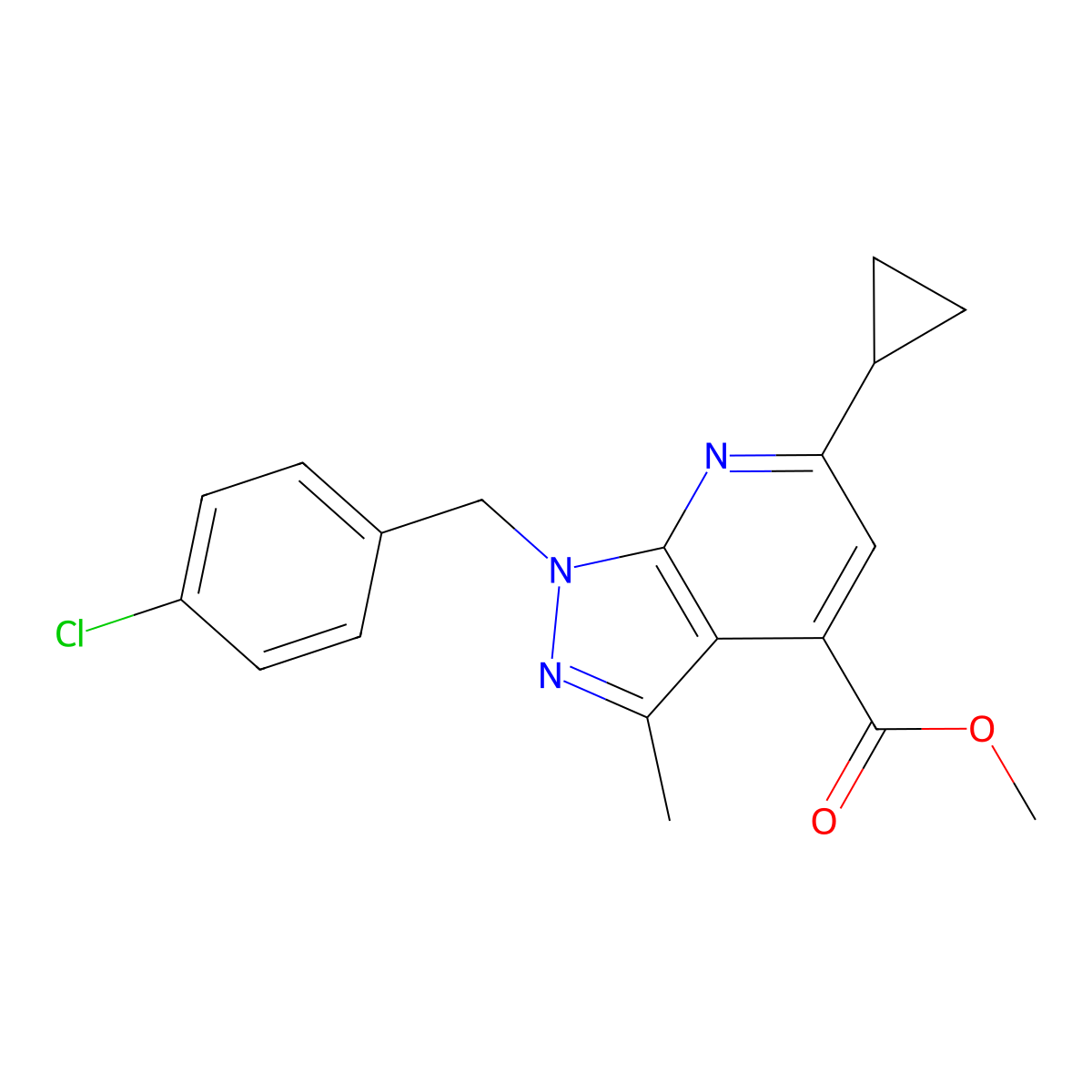 methyl 1-(4-chlorobenzyl)-6-cyclopropyl-3-methyl-1H-pyrazolo[3,4-b]pyridine-4-carboxylate molecular structure, CAS 1011370-99-2