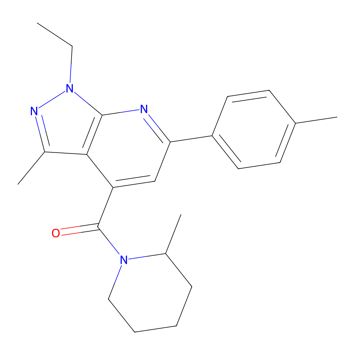[1-ethyl-3-methyl-6-(4-methylphenyl)-1H-pyrazolo[3,4-b]pyridin-4-yl](2-methylpiperidin-1-yl)methanone molecular structure, CAS 1011371-15-5