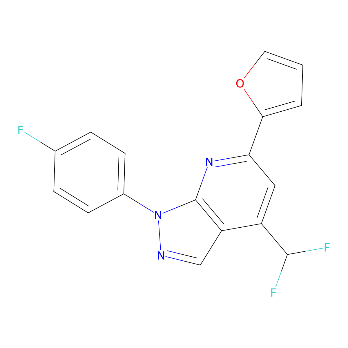 4-(difluoromethyl)-1-(4-fluorophenyl)-6-(furan-2-yl)-1H-pyrazolo[3,4-b]pyridine molecular structure, CAS 1011373-34-4