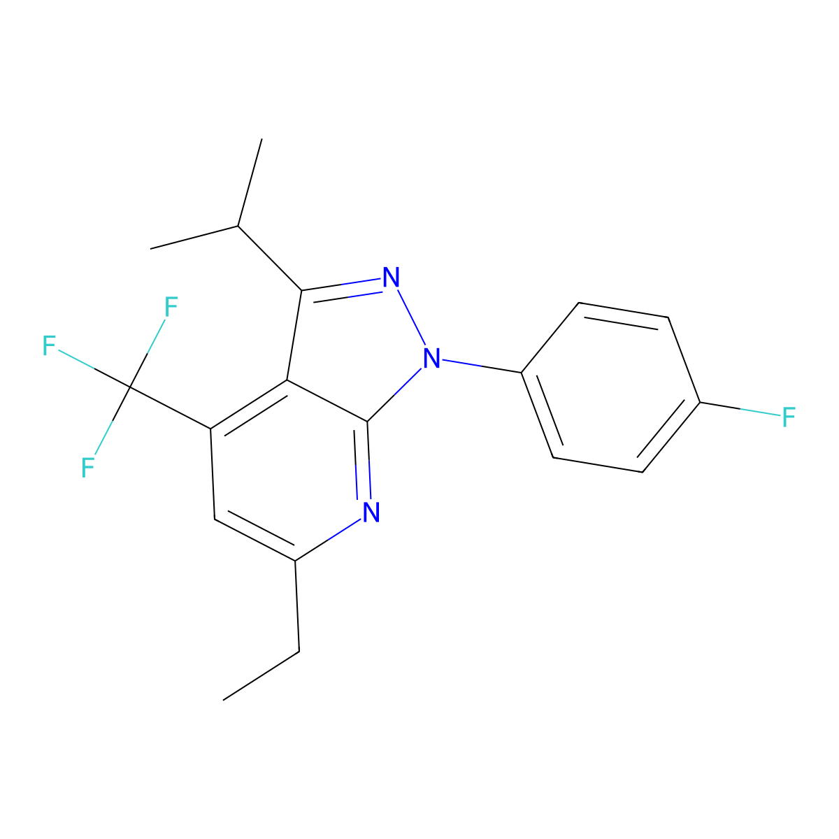 6-ethyl-1-(4-fluorophenyl)-3-(propan-2-yl)-4-(trifluoromethyl)-1H-pyrazolo[3,4-b]pyridine molecular structure, CAS 1011375-15-7