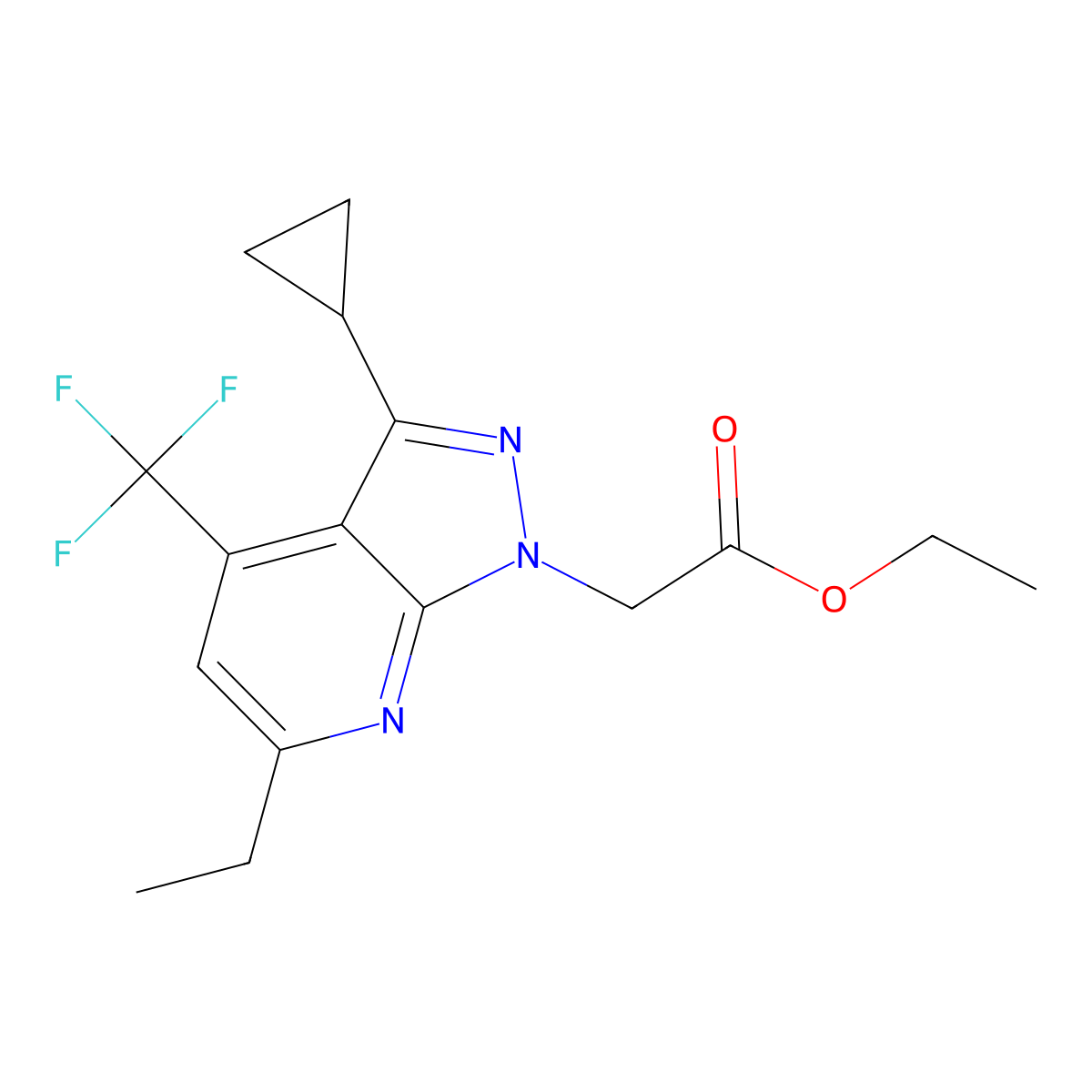 Ethyl 2-(3-cyclopropyl-6-ethyl-4-(trifluoromethyl)-1H-pyrazolo[3,4-b]pyridin-1-yl)acetate molecular structure, CAS 1011378-45-2