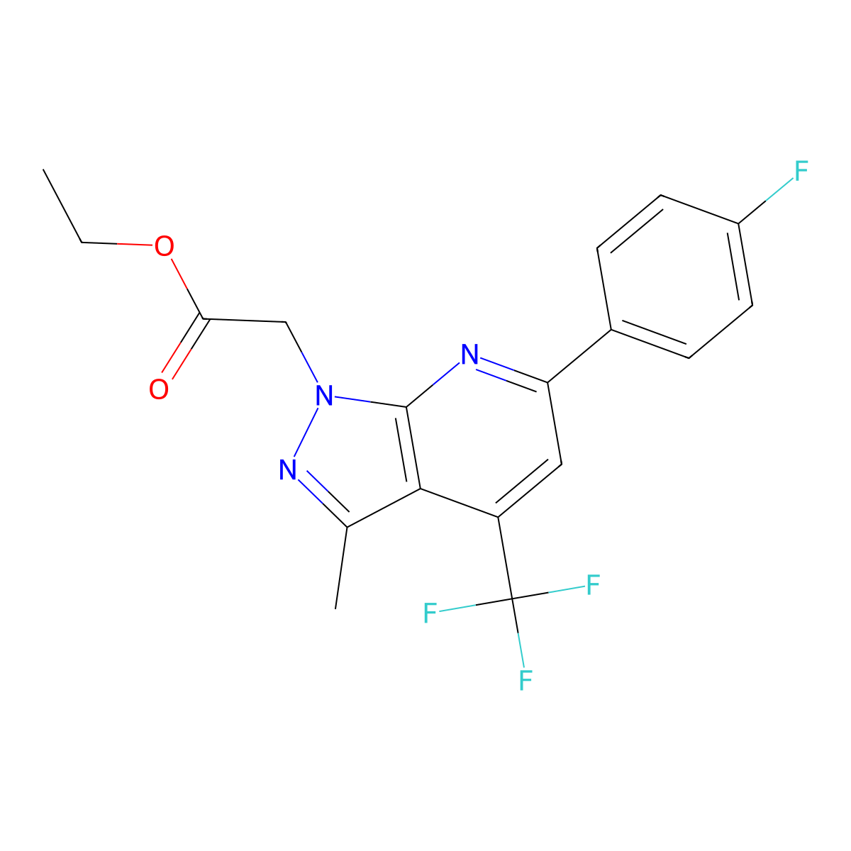 Ethyl 2-(6-(4-fluorophenyl)-3-methyl-4-(trifluoromethyl)-1H-pyrazolo[3,4-b]pyridin-1-yl)acetate molecular structure, CAS 1011380-73-6