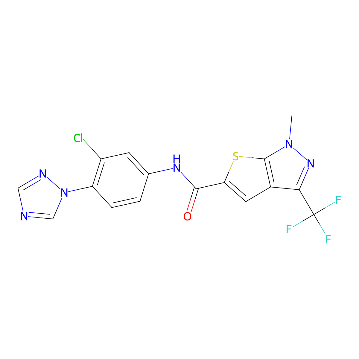 N-[3-chloro-4-(1H-1,2,4-triazol-1-yl)phenyl]-1-methyl-3-(trifluoromethyl)-1H-thieno[2,3-c]pyrazole-5-carboxamide molecular structure, CAS 1011384-15-8