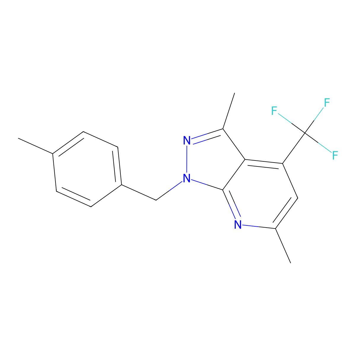3,6-dimethyl-1-(4-methylbenzyl)-4-(trifluoromethyl)-1H-pyrazolo[3,4-b]pyridine molecular structure, CAS 1011391-49-3