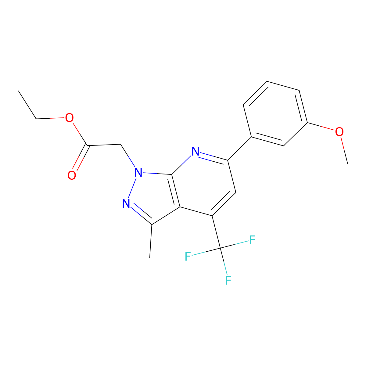 Ethyl 2-(6-(3-methoxyphenyl)-3-methyl-4-(trifluoromethyl)-1H-pyrazolo[3,4-b]pyridin-1-yl)acetate molecular structure, CAS 1011392-42-9