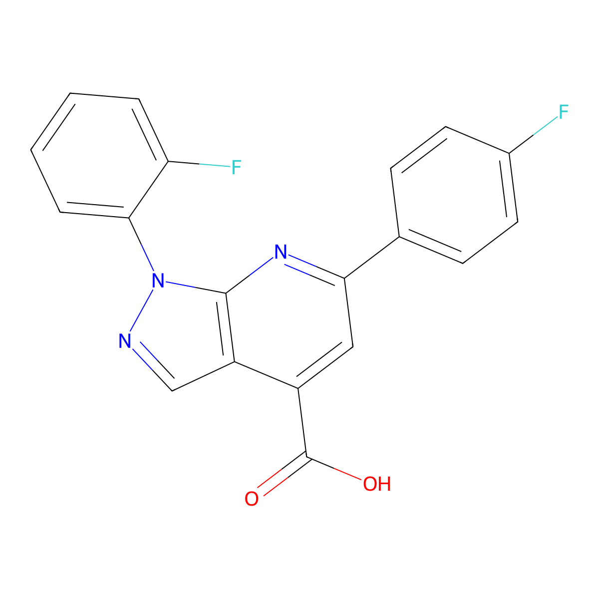 1-(2-fluorophenyl)-6-(4-fluorophenyl)-1H-pyrazolo(3,4-b)pyridine-4-carboxylic acid molecular structure, CAS 1011396-46-5