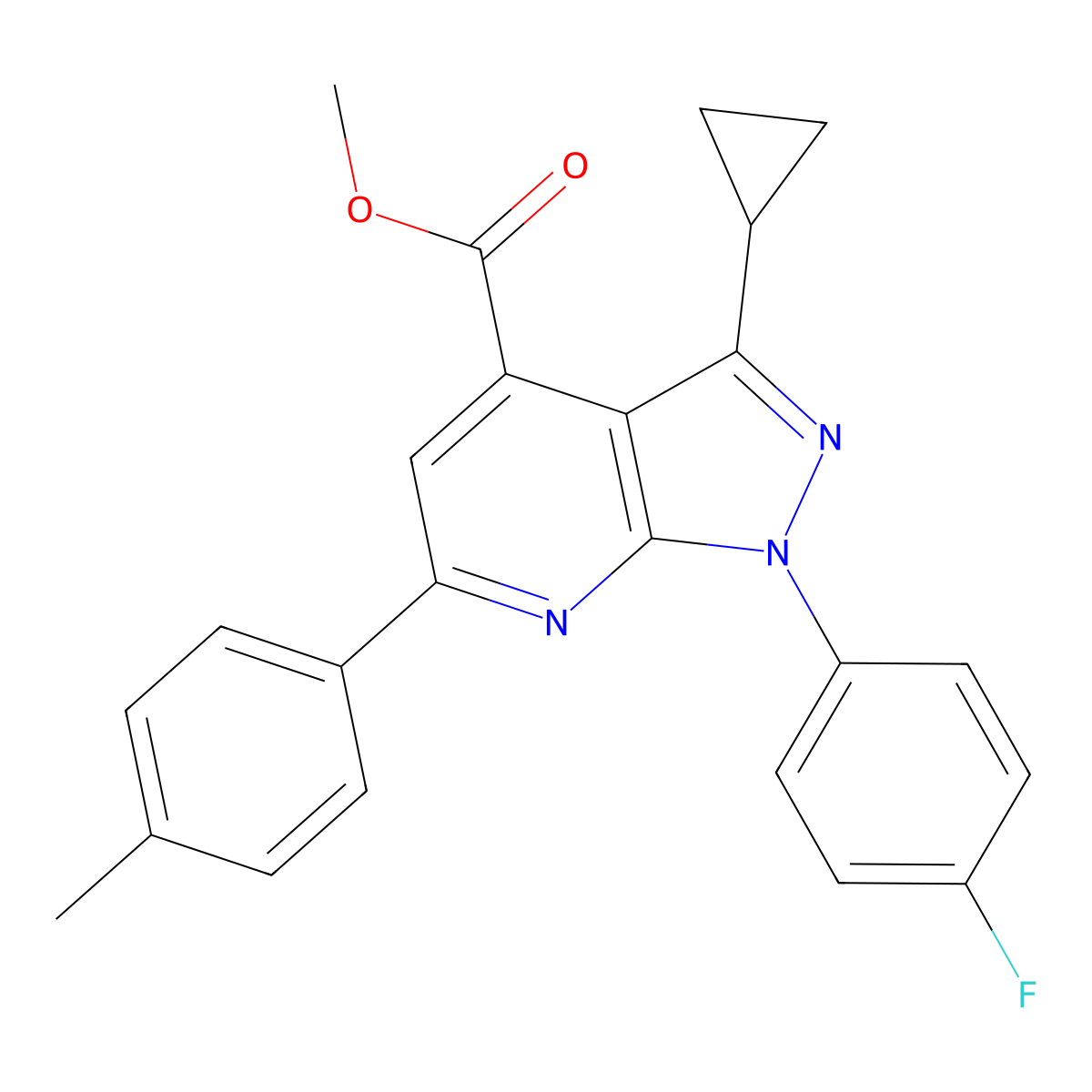 Methyl 3-cyclopropyl-1-(4-fluorophenyl)-6-(p-tolyl)-1H-pyrazolo[3,4-b]pyridine-4-carboxylate molecular structure, CAS 1011396-58-9