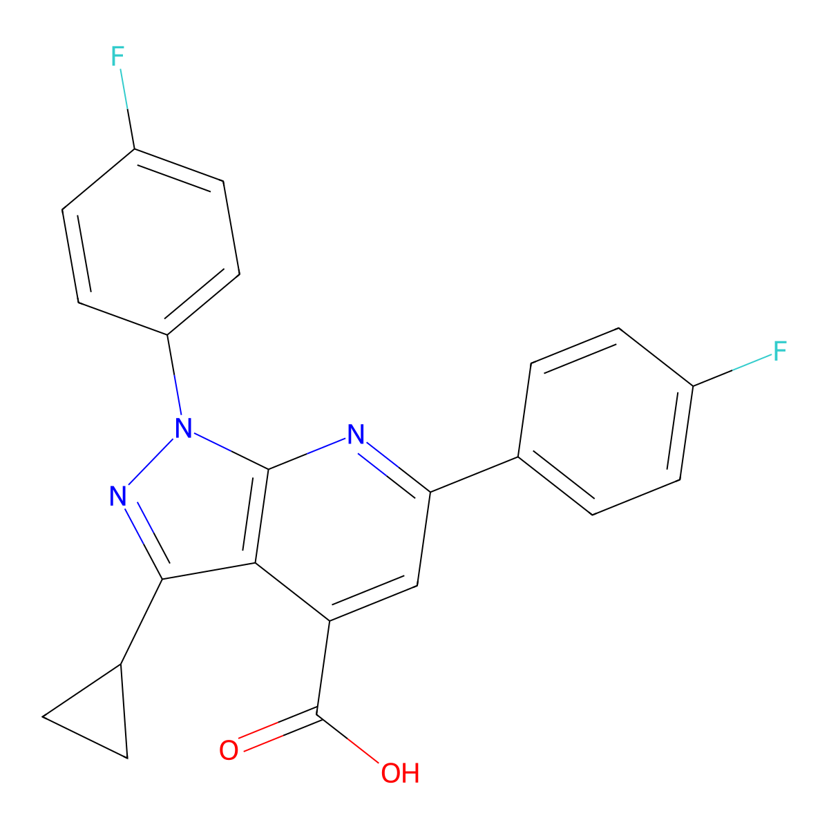 3-cyclopropyl-1,6-bis(4-fluorophenyl)-1H-pyrazolo[3,4-b]pyridine-4-carboxylic acid molecular structure, CAS 1011396-68-1