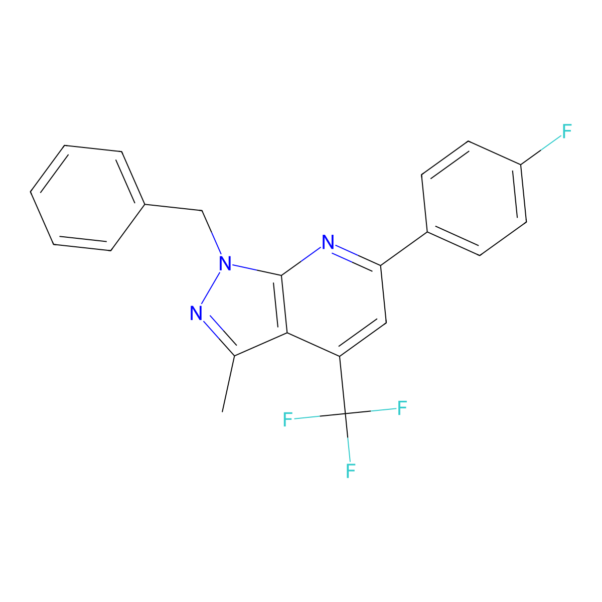 6-(4-Fluorophenyl)-3-methyl-1-(phenylmethyl)-4-(trifluoromethyl)-1H-pyrazolo[3,4-b]pyridine molecular structure, CAS 1011396-82-9