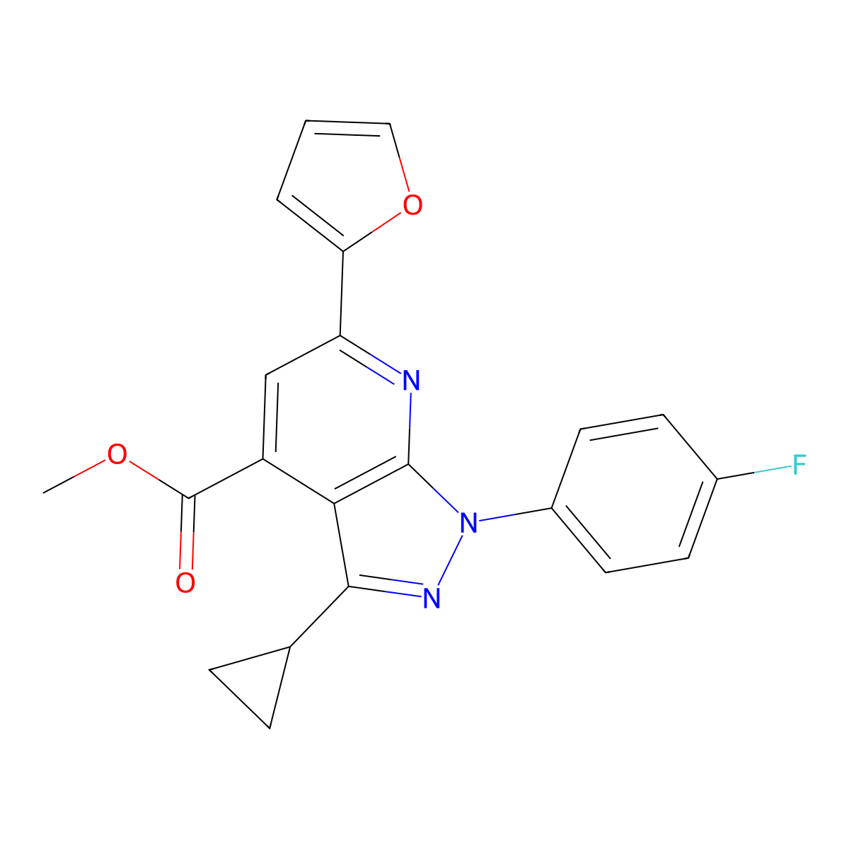 methyl 3-cyclopropyl-1-(4-fluorophenyl)-6-(furan-2-yl)-1H-pyrazolo[3,4-b]pyridine-4-carboxylate molecular structure, CAS 1011396-86-3