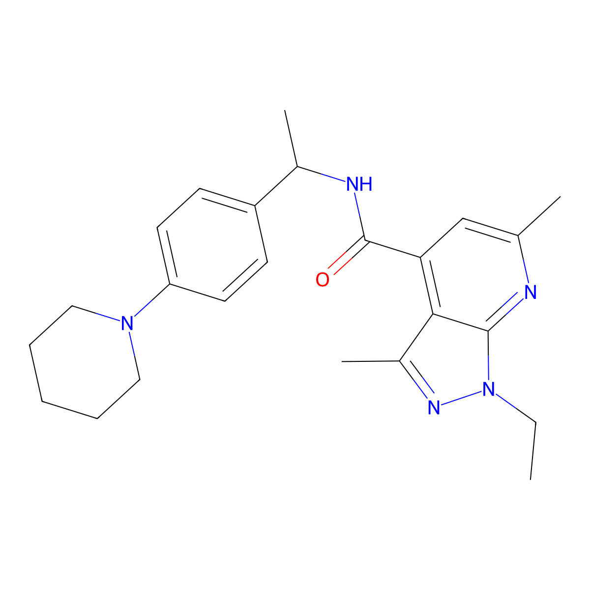 1-ethyl-3,6-dimethyl-N-{1-[4-(piperidin-1-yl)phenyl]ethyl}-1H-pyrazolo[3,4-b]pyridine-4-carboxamide molecular structure, CAS 1011396-97-6