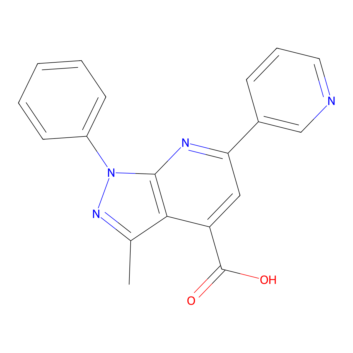 3-methyl-1-phenyl-6-(pyridin-3-yl)-1H-pyrazolo[3,4-b]pyridine-4-carboxylic acid molecular structure, CAS 1011397-14-0