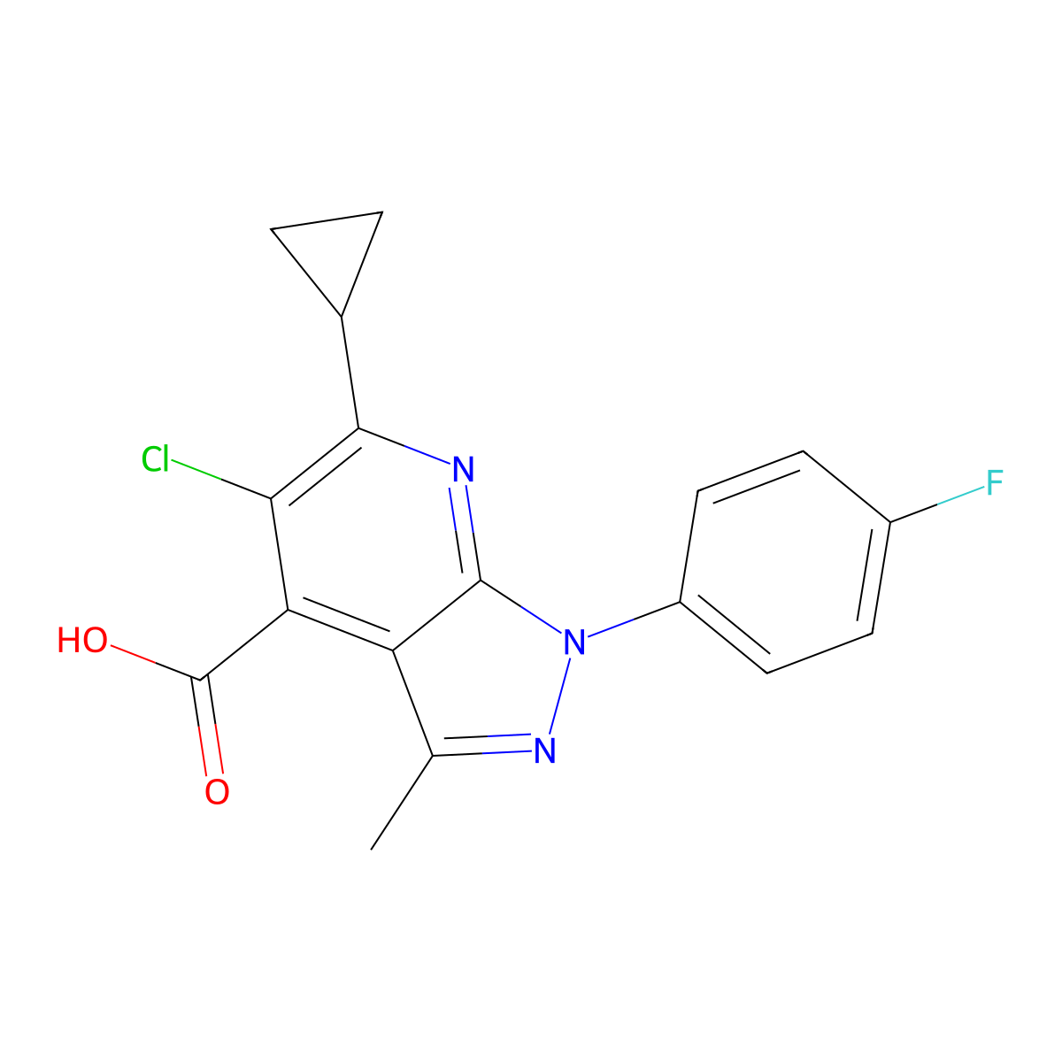 5-chloro-6-cyclopropyl-1-(4-fluorophenyl)-3-methyl-1H-pyrazolo[3,4-b]pyridine-4-carboxylic acid molecular structure, CAS 1011397-20-8