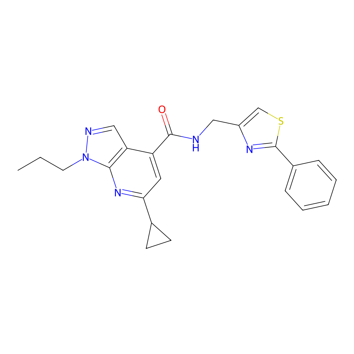 6-cyclopropyl-N-[(2-phenyl-1,3-thiazol-4-yl)methyl]-1-propyl-1H-pyrazolo[3,4-b]pyridine-4-carboxamide molecular structure, CAS 1011397-21-9