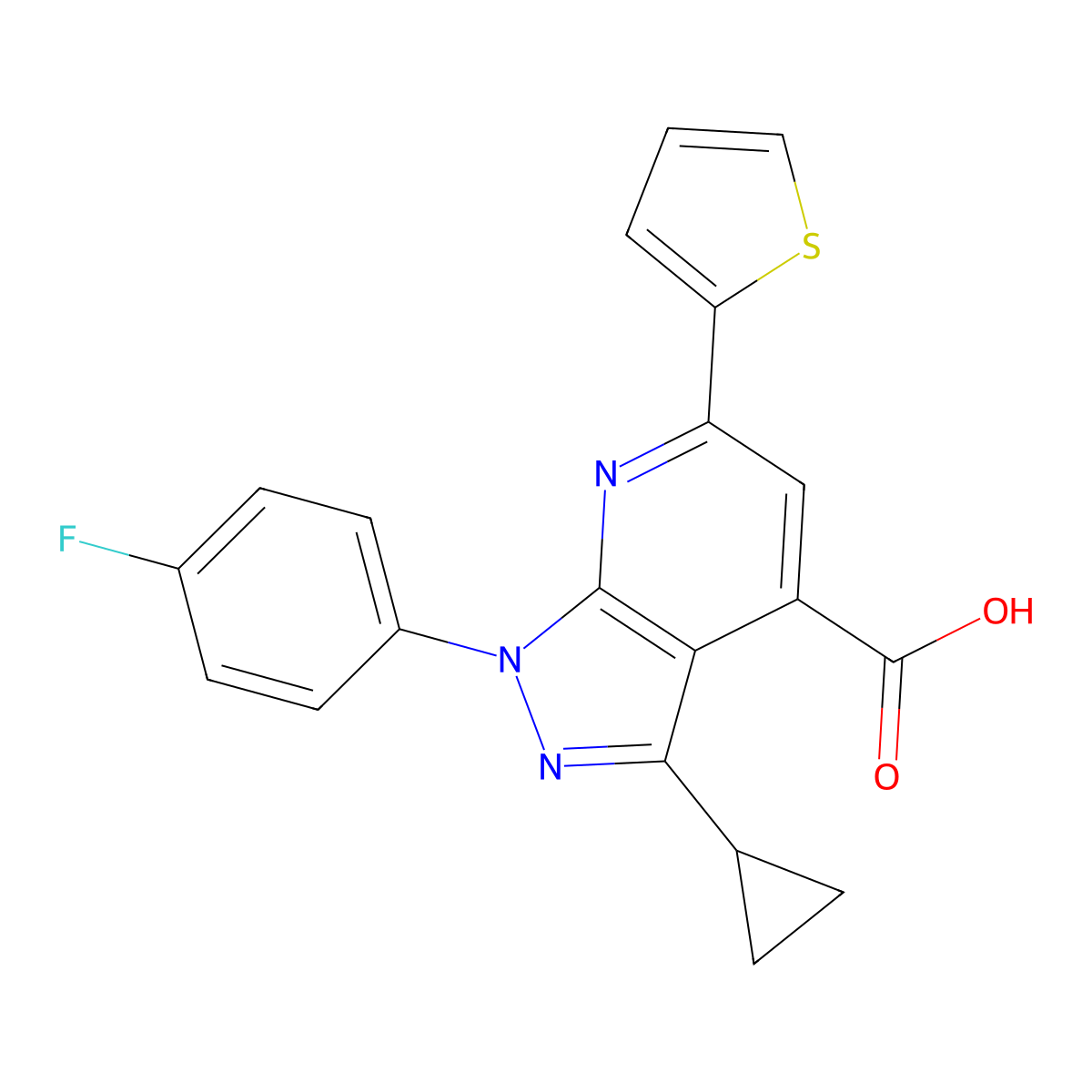 3-cyclopropyl-1-(4-fluorophenyl)-6-(thiophen-2-yl)-1H-pyrazolo[3,4-b]pyridine-4-carboxylic acid molecular structure, CAS 1011397-26-4