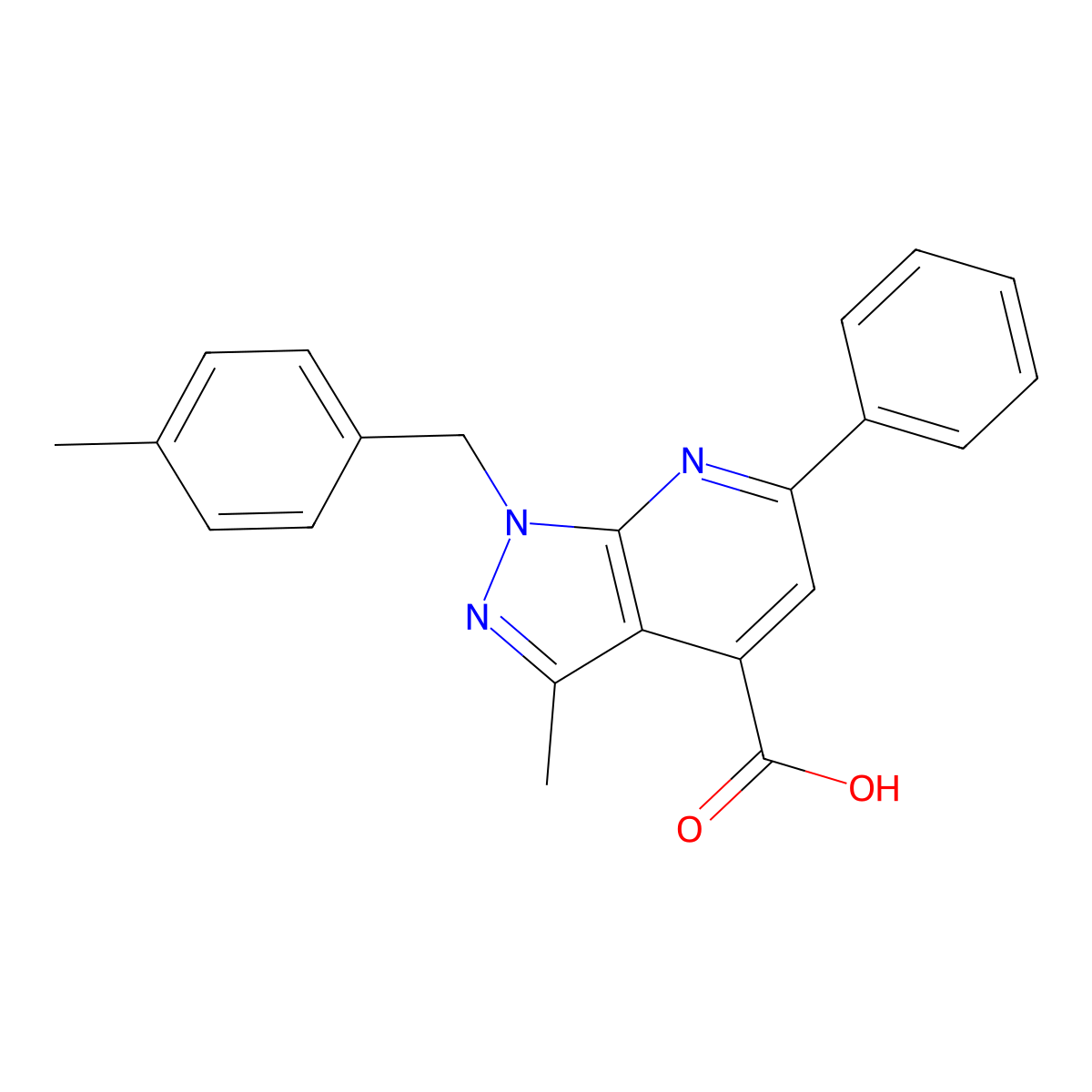 3-methyl-1-(4-methylbenzyl)-6-phenyl-1H-pyrazolo[3,4-b]pyridine-4-carboxylic acid molecular structure, CAS 1011397-32-2