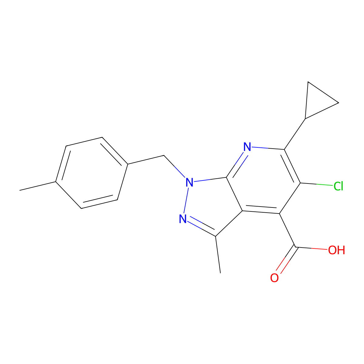 5-chloro-6-cyclopropyl-3-methyl-1-(4-methylbenzyl)-1H-pyrazolo[3,4-b]pyridine-4-carboxylic acid molecular structure, CAS 1011397-37-7