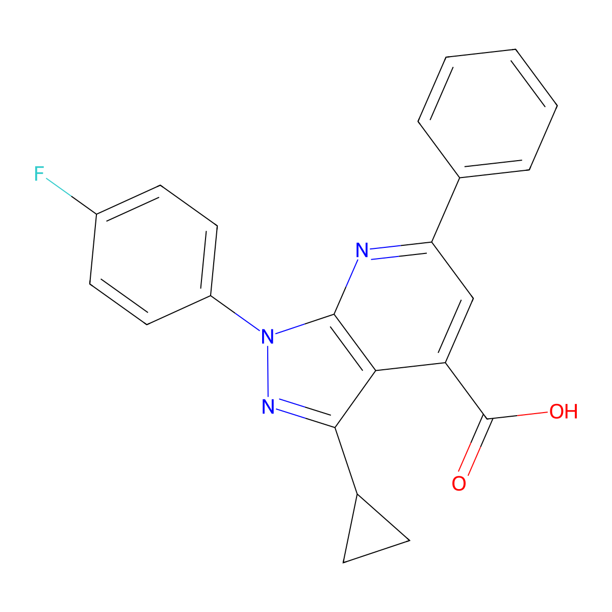 3-cyclopropyl-1-(4-fluorophenyl)-6-phenyl-1H-pyrazolo[3,4-b]pyridine-4-carboxylic acid molecular structure, CAS 1011397-43-5