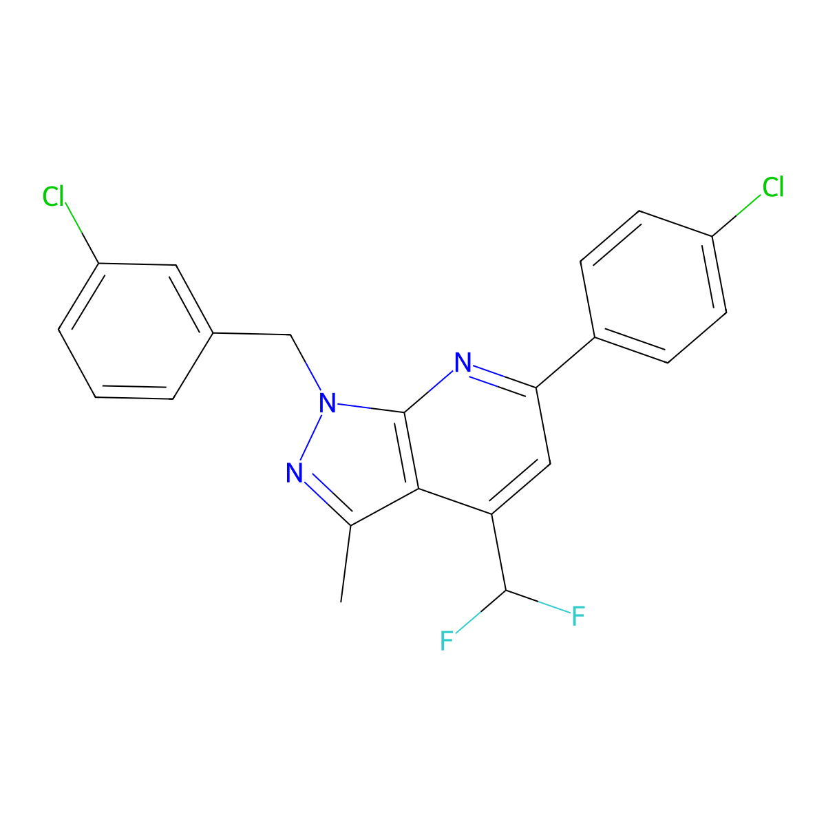 1-(3-chlorobenzyl)-6-(4-chlorophenyl)-4-(difluoromethyl)-3-methyl-1H-pyrazolo[3,4-b]pyridine molecular structure, CAS 1011397-62-8