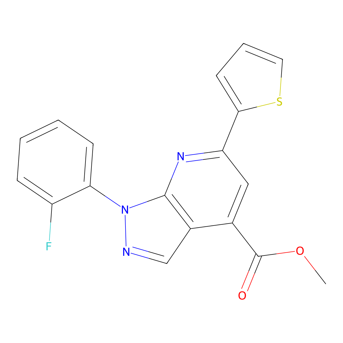 methyl 1-(2-fluorophenyl)-6-(thiophen-2-yl)-1H-pyrazolo[3,4-b]pyridine-4-carboxylate molecular structure, CAS 1011397-81-1