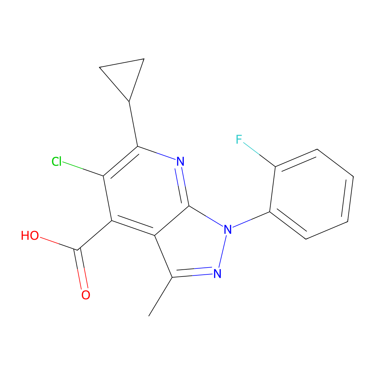 5-chloro-6-cyclopropyl-1-(2-fluorophenyl)-3-methyl-1H-pyrazolo[3,4-b]pyridine-4-carboxylic acid molecular structure, CAS 1011397-82-2