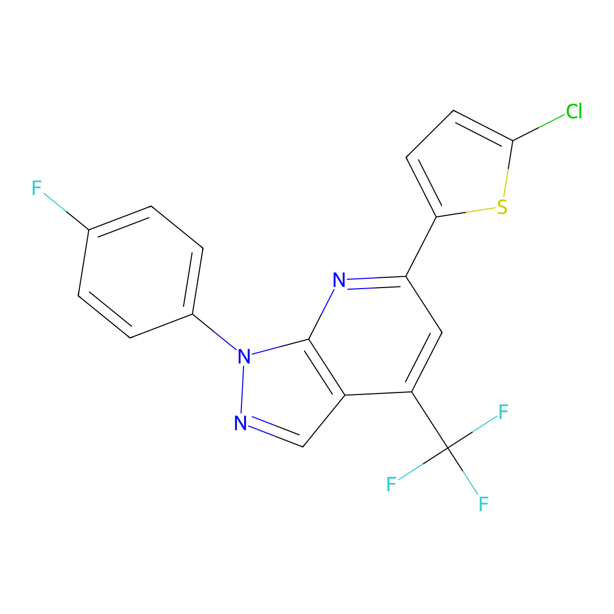 6-(5-Chloro-2-thienyl)-1-(4-fluorophenyl)-4-(trifluoromethyl)-1H-pyrazolo(3,4-b)pyridine molecular structure, CAS 1011397-88-8