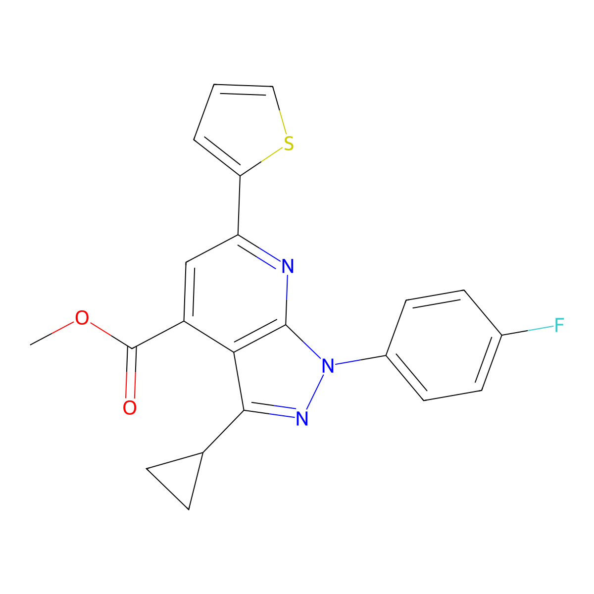 methyl 3-cyclopropyl-1-(4-fluorophenyl)-6-(thiophen-2-yl)-1H-pyrazolo[3,4-b]pyridine-4-carboxylate molecular structure, CAS 1011398-16-5