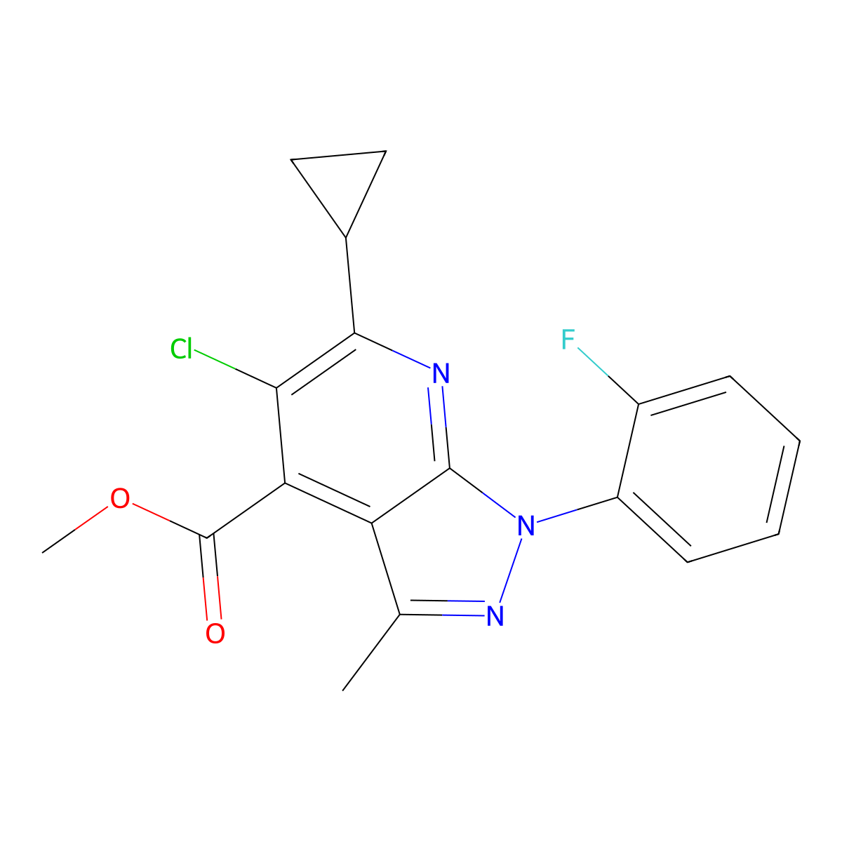 methyl 5-chloro-6-cyclopropyl-1-(2-fluorophenyl)-3-methyl-1H-pyrazolo[3,4-b]pyridine-4-carboxylate molecular structure, CAS 1011398-22-3