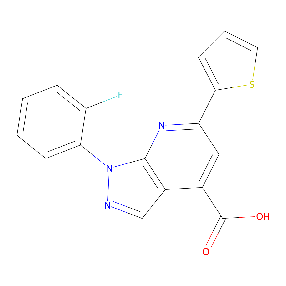 1-(2-fluorophenyl)-6-(thiophen-2-yl)-1H-pyrazolo[3,4-b]pyridine-4-carboxylic acid molecular structure, CAS 1011398-29-0