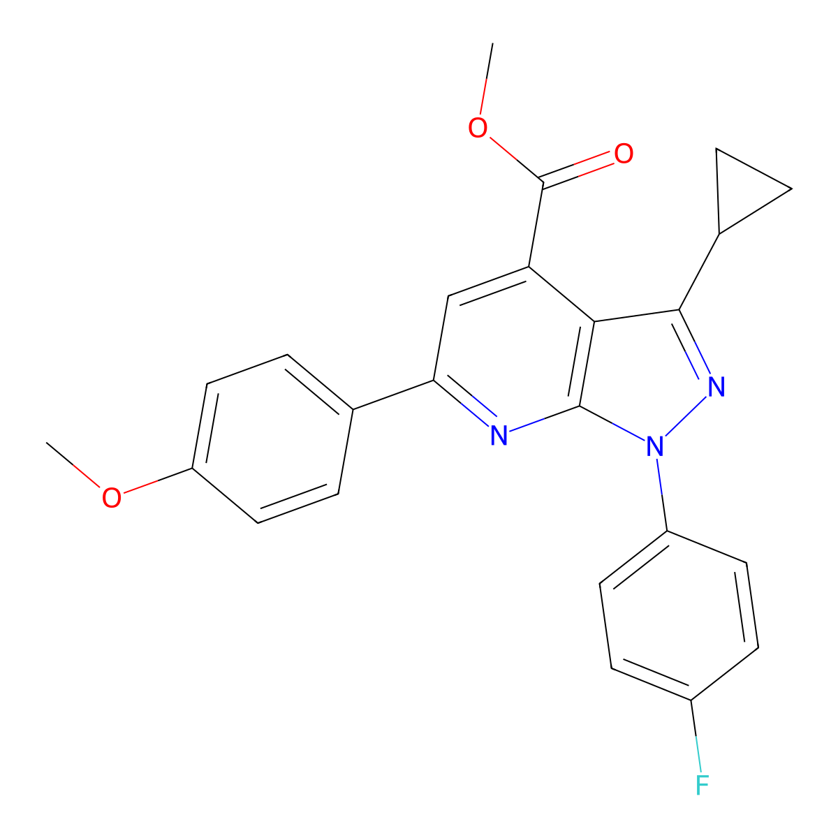 methyl 3-cyclopropyl-1-(4-fluorophenyl)-6-(4-methoxyphenyl)-1H-pyrazolo[3,4-b]pyridine-4-carboxylate molecular structure, CAS 1011398-35-8