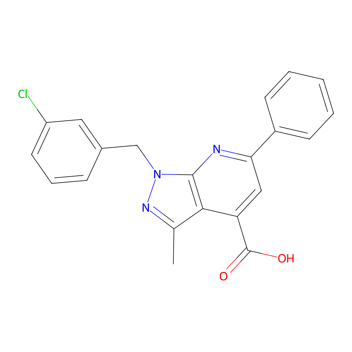 1-(3-chlorobenzyl)-3-methyl-6-phenyl-1H-pyrazolo[3,4-b]pyridine-4-carboxylic acid molecular structure, CAS 1011398-52-9