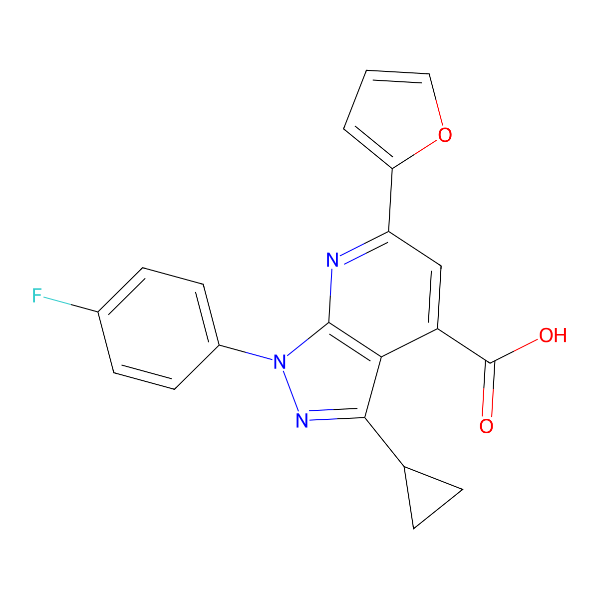 3-cyclopropyl-1-(4-fluorophenyl)-6-(furan-2-yl)-1H-pyrazolo[3,4-b]pyridine-4-carboxylic acid molecular structure, CAS 1011398-56-3