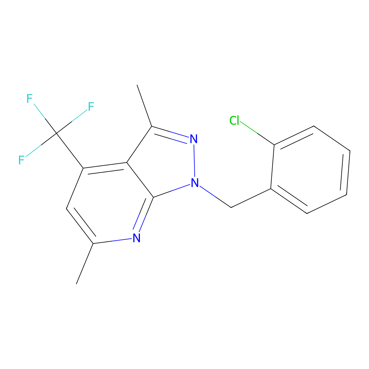 1-((2-Chlorophenyl)methyl)-3,6-dimethyl-4-(trifluoromethyl)-1H-pyrazolo(3,4-b)pyridine molecular structure, CAS 1011398-70-1
