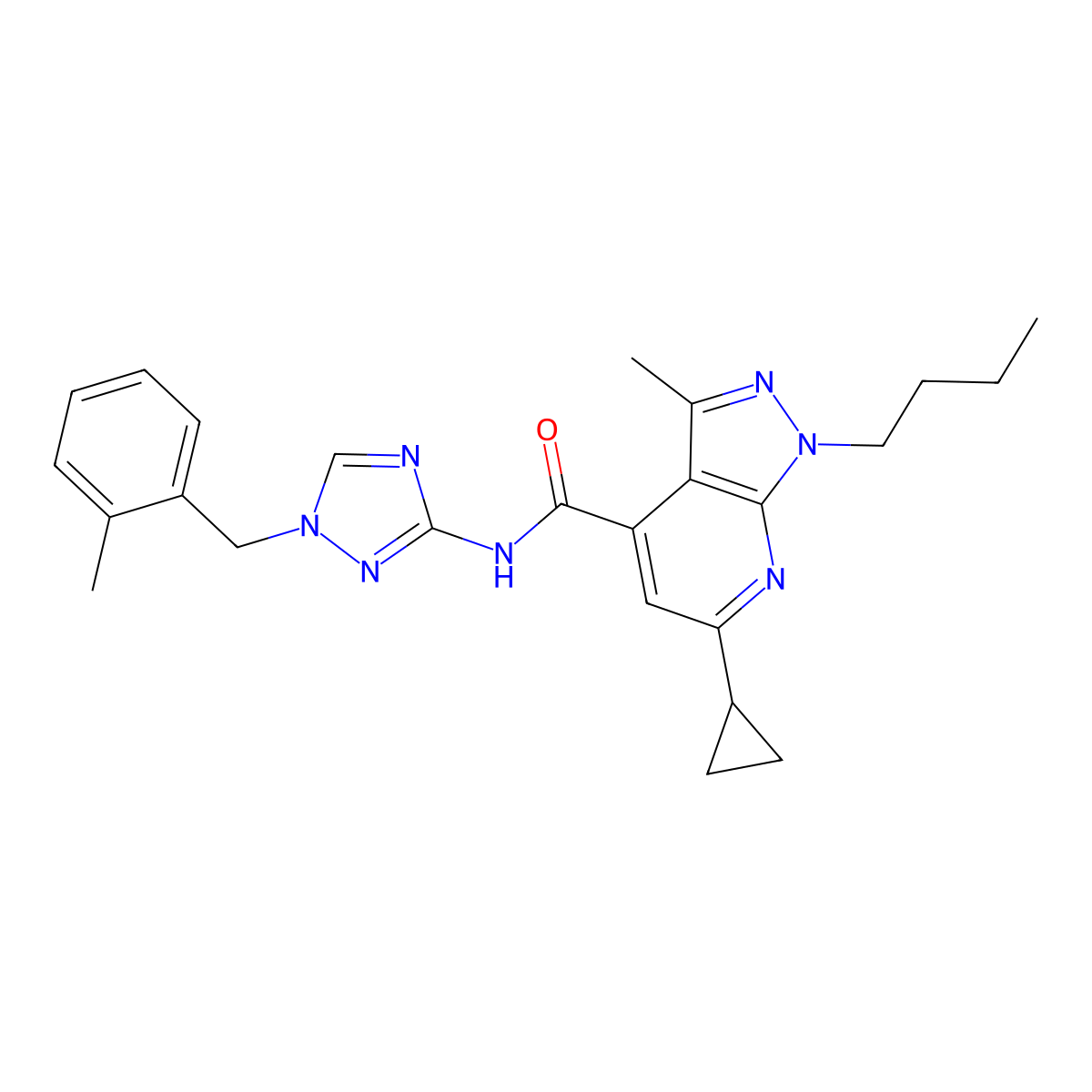 1-Butyl-6-cyclopropyl-3-methyl-N-[1-[(2-methylphenyl)methyl]-1H-1,2,4-triazol-3-yl]-1H-pyrazolo[3,4-b]pyridine-4-carboxamide molecular structure, CAS 1011398-76-7
