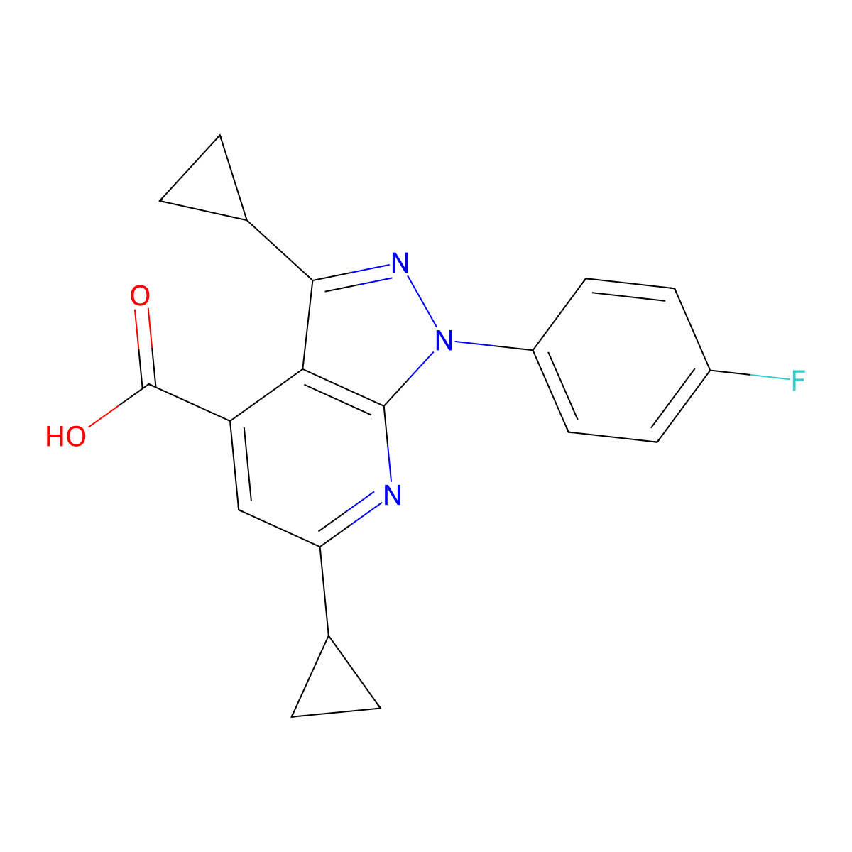 3,6-dicyclopropyl-1-(4-fluorophenyl)-1H-pyrazolo[3,4-b]pyridine-4-carboxylic acid molecular structure, CAS 1011398-81-4