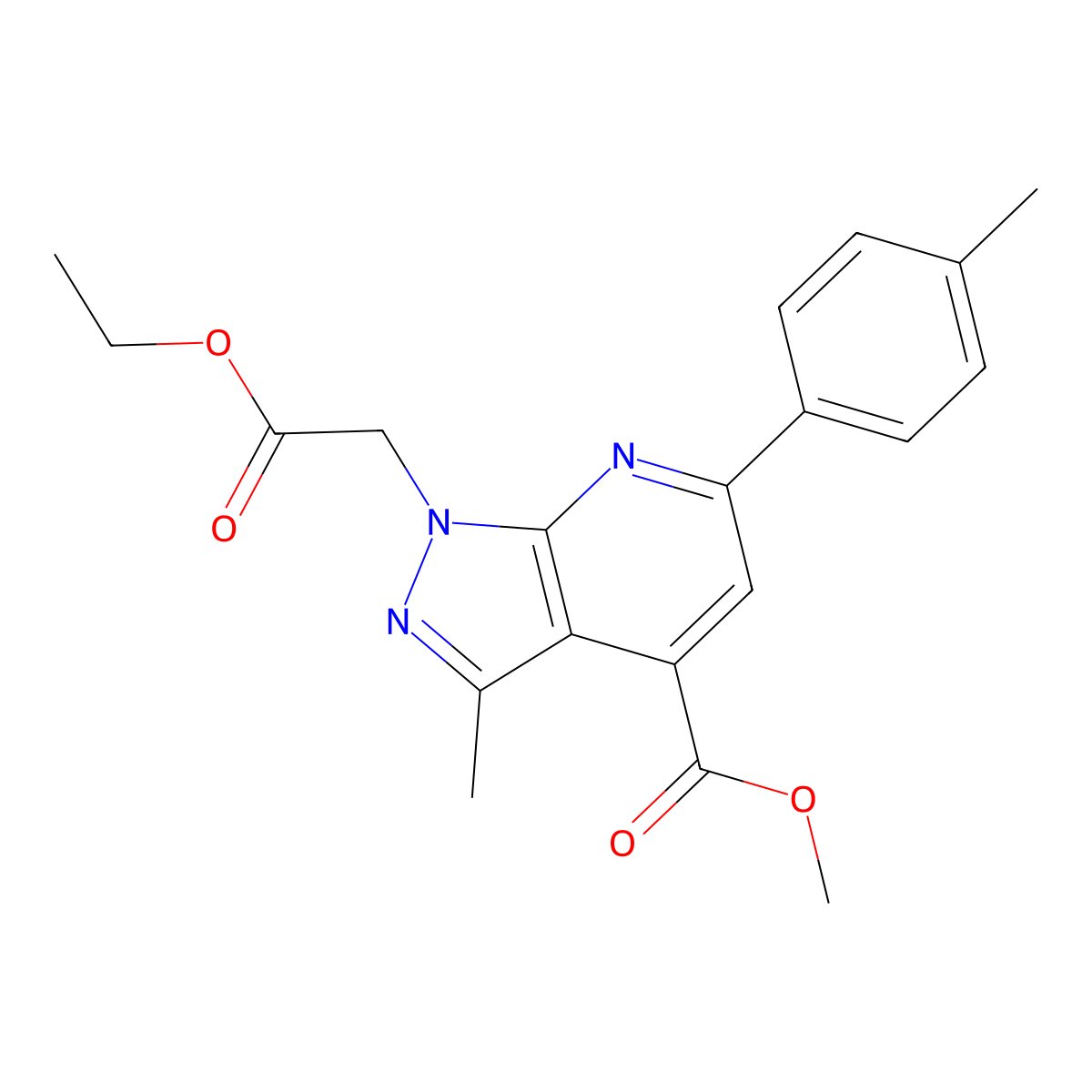 Methyl 1-(2-ethoxy-2-oxoethyl)-3-methyl-6-(p-tolyl)-1H-pyrazolo[3,4-b]pyridine-4-carboxylate molecular structure, CAS 1011399-25-9