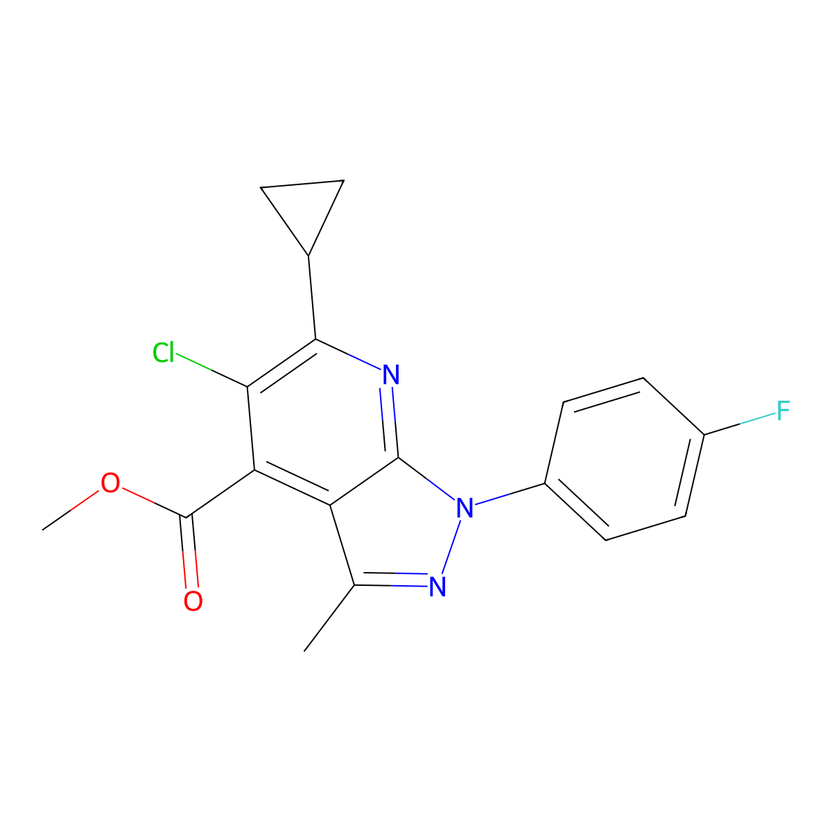 methyl 5-chloro-6-cyclopropyl-1-(4-fluorophenyl)-3-methyl-1H-pyrazolo[3,4-b]pyridine-4-carboxylate molecular structure, CAS 1011399-65-7