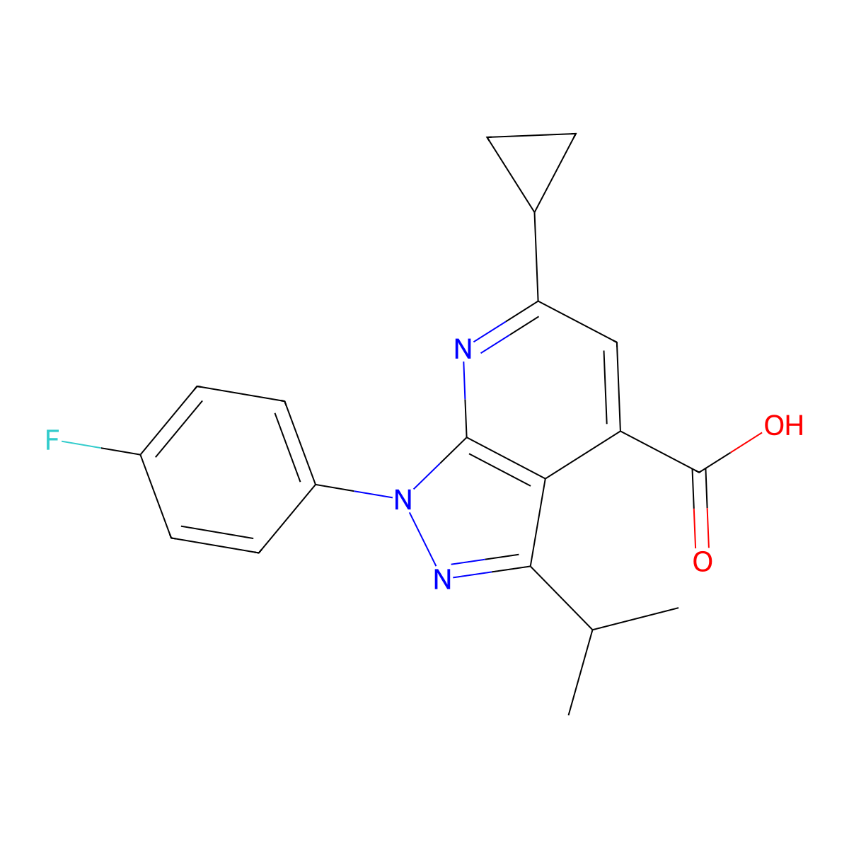 6-Cyclopropyl-1-(4-fluorophenyl)-3-isopropyl-1H-pyrazolo[3,4-b]pyridine-4-carboxylic acid molecular structure, CAS 1011399-77-1