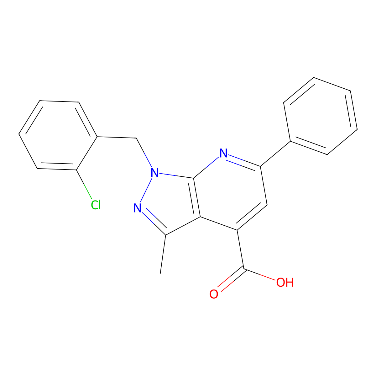 1-(2-chlorobenzyl)-3-methyl-6-phenyl-1H-pyrazolo[3,4-b]pyridine-4-carboxylic acid molecular structure, CAS 1011399-97-5